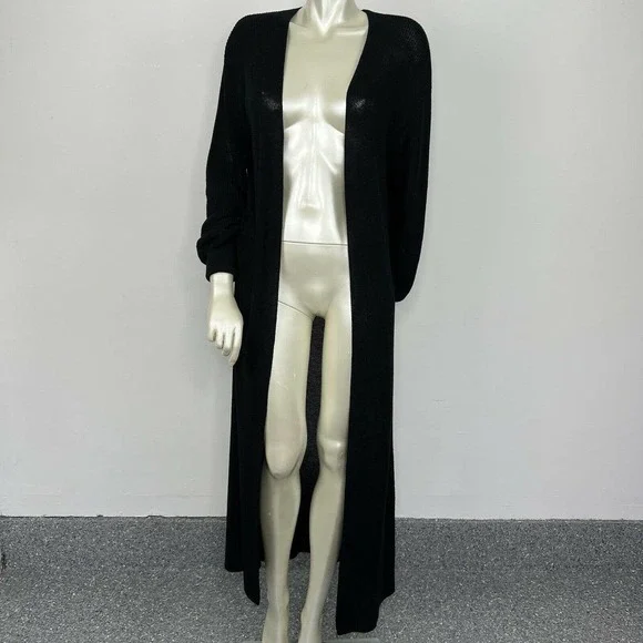 Free People Beach Long Duster Cardigan Small Black Knit Open Front Boho - Picture 1 of 12